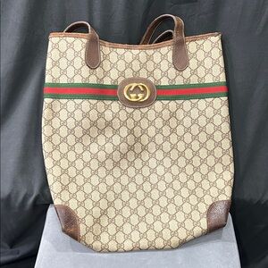 Gucci Beige Brown GG Canvas Tote with Green-Red Web and Gold Logo